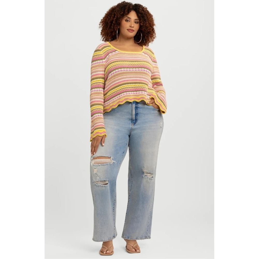 Jessica Simpson Pointelle Cotton Knit Sweater Scallop‎ Hem 2X Cottage Boho Chic